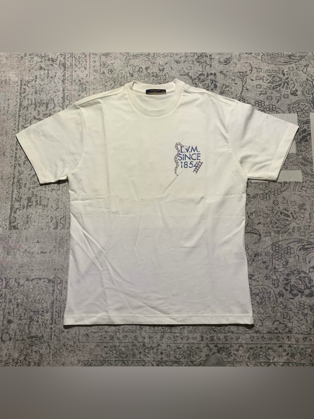 Louis Vuitton White Crewneck T-Shirt with Blue Chest Graphic
